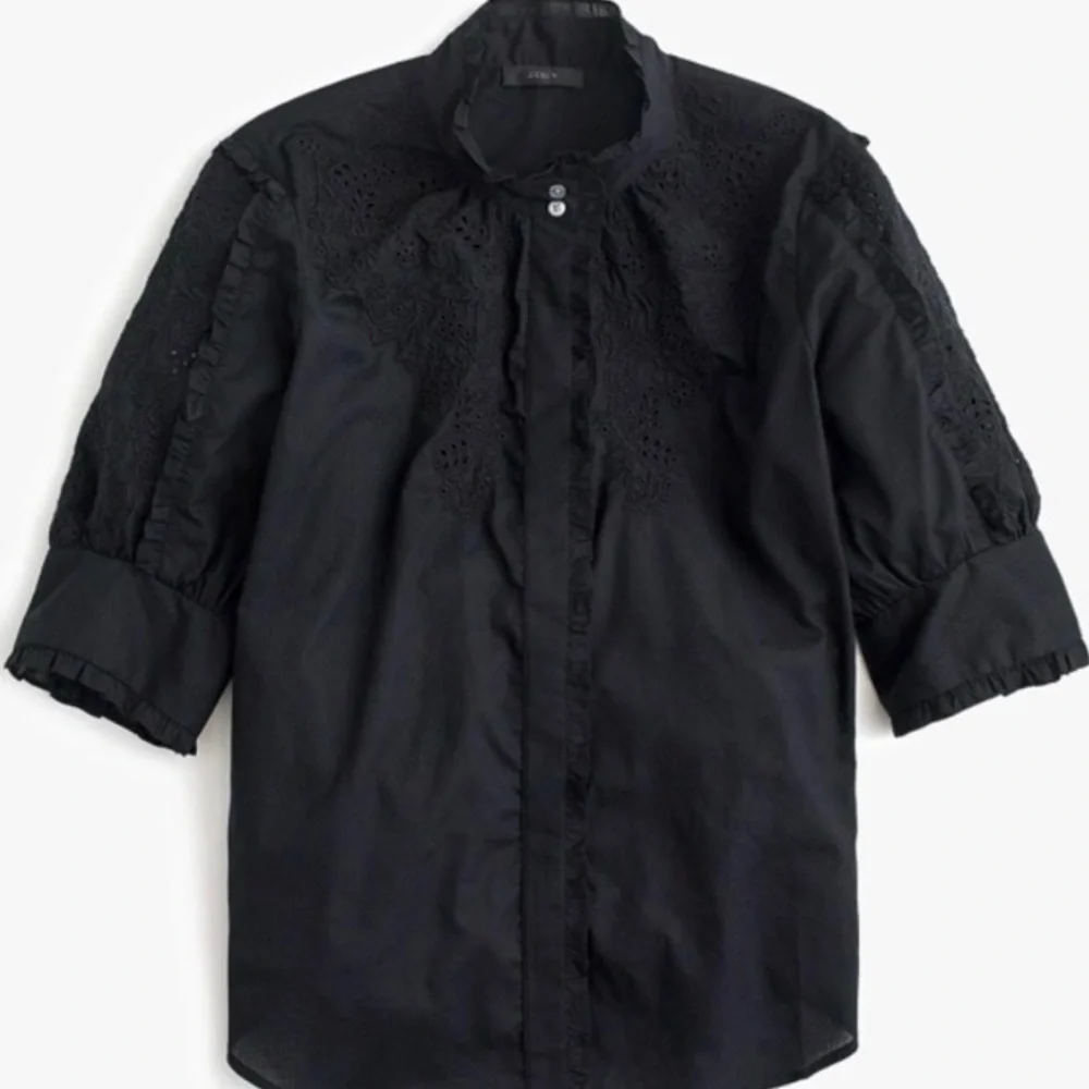 J. Crew Black Cotton Embroidered Mockneck Blouse in Size XXS